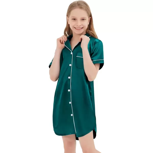 SWOMOG Girls Silk Satin Nightgowns Cute Sleep Dress ButtonDown PJS Tops Short Sleeve SleepshirtGreen