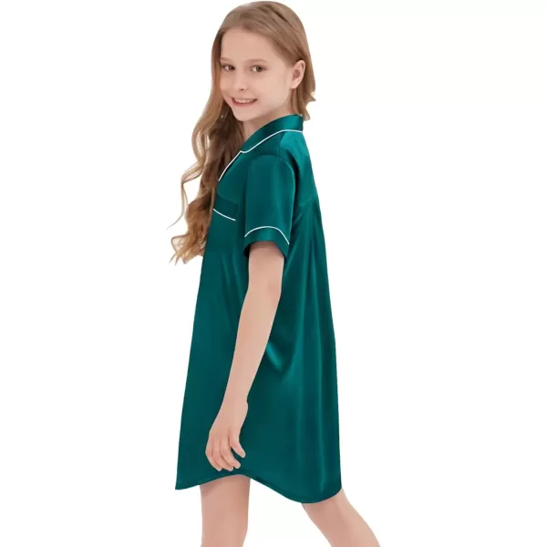 SWOMOG Girls Silk Satin Nightgowns Cute Sleep Dress ButtonDown PJS Tops Short Sleeve SleepshirtGreen