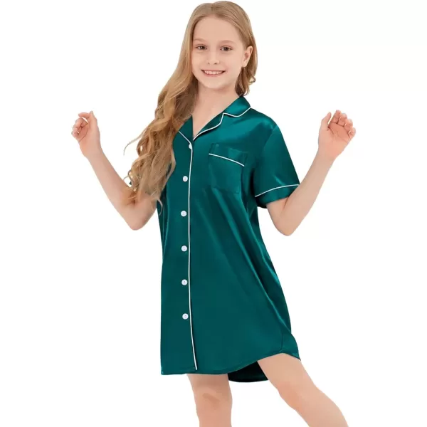 SWOMOG Girls Silk Satin Nightgowns Cute Sleep Dress ButtonDown PJS Tops Short Sleeve SleepshirtGreen