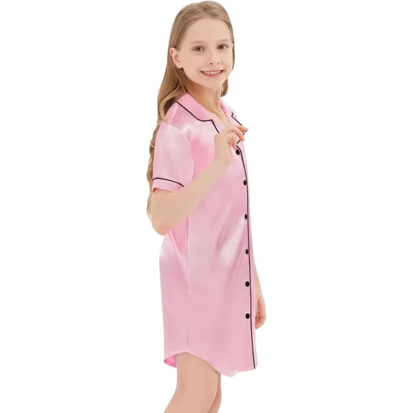 SWOMOG Girls Silk Satin Nightgowns Cute Sleep Dress ButtonDown PJS Tops Short Sleeve SleepshirtPink