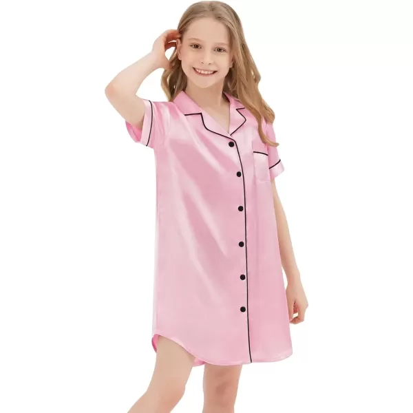 SWOMOG Girls Silk Satin Nightgowns Cute Sleep Dress ButtonDown PJS Tops Short Sleeve SleepshirtPink