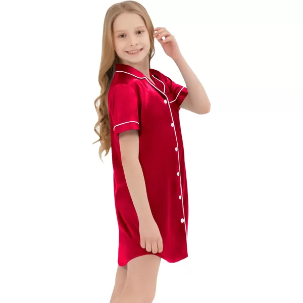 SWOMOG Girls Silk Satin Nightgowns Cute Sleep Dress ButtonDown PJS Tops Short Sleeve SleepshirtRed 1