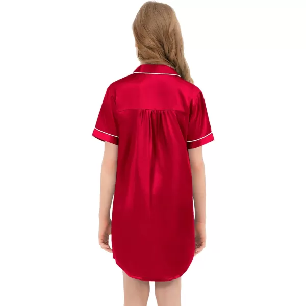 SWOMOG Girls Silk Satin Nightgowns Cute Sleep Dress ButtonDown PJS Tops Short Sleeve SleepshirtRed 1