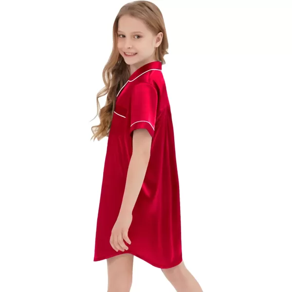 SWOMOG Girls Silk Satin Nightgowns Cute Sleep Dress ButtonDown PJS Tops Short Sleeve SleepshirtRed 1