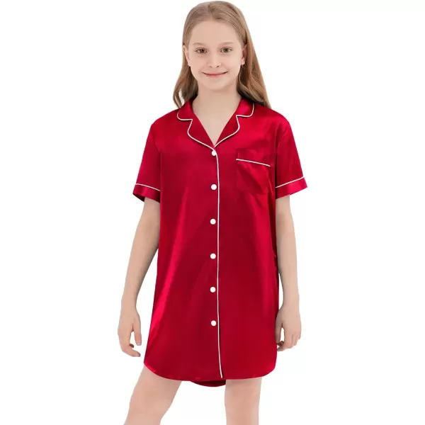 SWOMOG Girls Silk Satin Nightgowns Cute Sleep Dress ButtonDown PJS Tops Short Sleeve SleepshirtRed 1