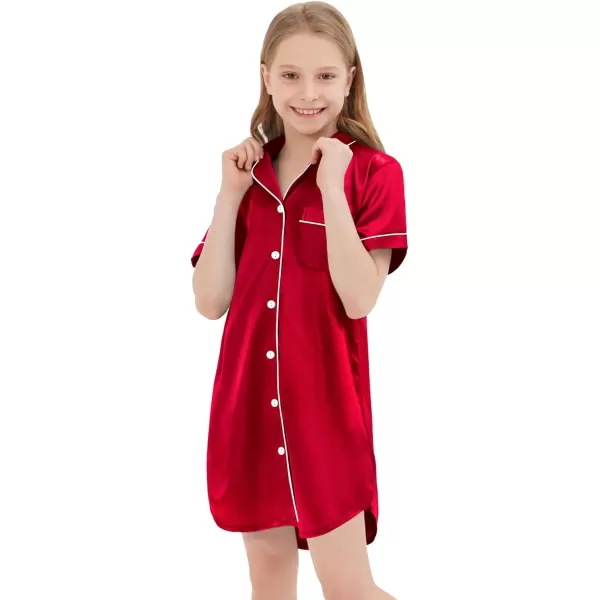 SWOMOG Girls Silk Satin Nightgowns Cute Sleep Dress ButtonDown PJS Tops Short Sleeve SleepshirtRed 1