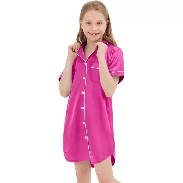 SWOMOG Girls Silk Satin Nightgowns Cute Sleep Dress ButtonDown PJS Tops Short Sleeve SleepshirtRose Red