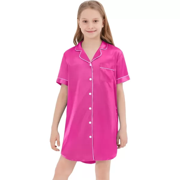 SWOMOG Girls Silk Satin Nightgowns Cute Sleep Dress ButtonDown PJS Tops Short Sleeve SleepshirtRose Red