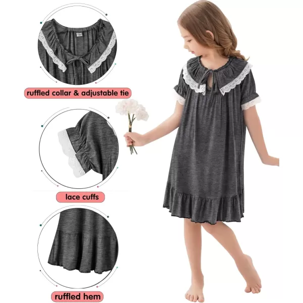 SWOMOG Girls Soft Princess Sleep Shirt Short Sleeve Nightgown Toddler Kids Cute Ruffle Sleepwear Nightie 413 YearsDark Gray
