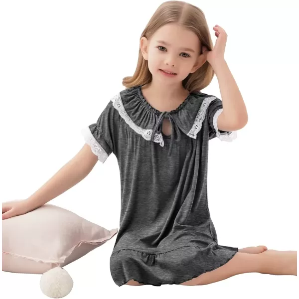SWOMOG Girls Soft Princess Sleep Shirt Short Sleeve Nightgown Toddler Kids Cute Ruffle Sleepwear Nightie 413 YearsDark Gray