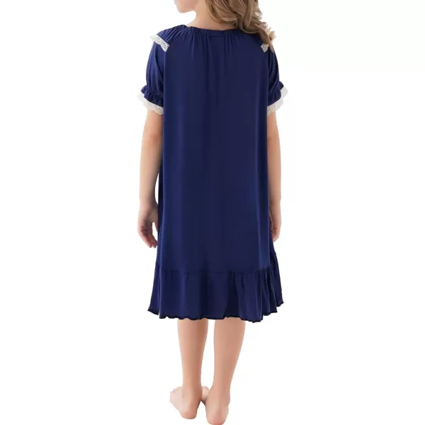 SWOMOG Girls Soft Princess Sleep Shirt Short Sleeve Nightgown Toddler Kids Cute Ruffle Sleepwear Nightie 413 YearsNavy Blue