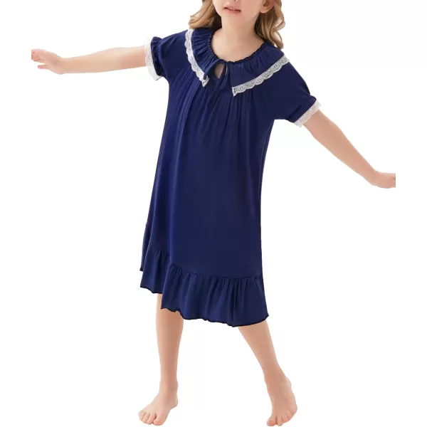 SWOMOG Girls Soft Princess Sleep Shirt Short Sleeve Nightgown Toddler Kids Cute Ruffle Sleepwear Nightie 413 YearsNavy Blue