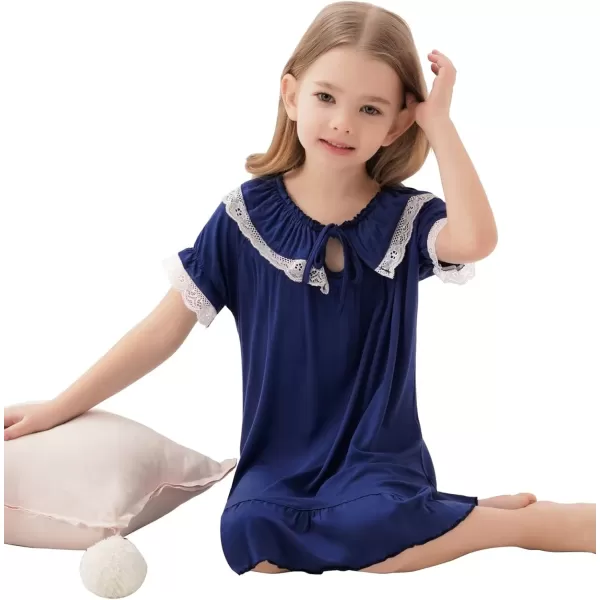 SWOMOG Girls Soft Princess Sleep Shirt Short Sleeve Nightgown Toddler Kids Cute Ruffle Sleepwear Nightie 413 YearsNavy Blue