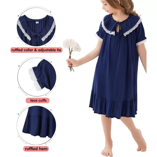 SWOMOG Girls Soft Princess Sleep Shirt Short Sleeve Nightgown Toddler Kids Cute Ruffle Sleepwear Nightie 413 YearsNavy Blue