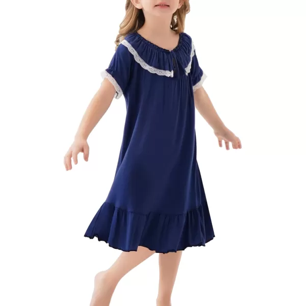 SWOMOG Girls Soft Princess Sleep Shirt Short Sleeve Nightgown Toddler Kids Cute Ruffle Sleepwear Nightie 413 YearsNavy Blue