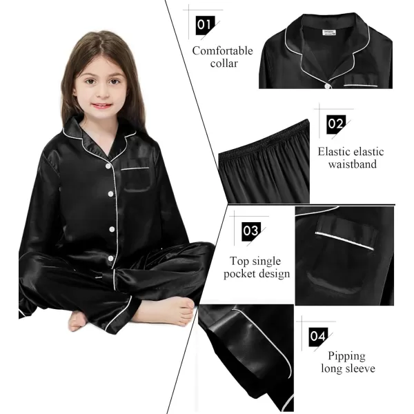 SWOMOG Kid Girls Boys Silk Satin Pajamas Set ButtonDown PJs Sets TwoPiece Lounge Sets Long Sleeve White SleepwearBlack