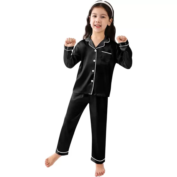 SWOMOG Kid Girls Boys Silk Satin Pajamas Set ButtonDown PJs Sets TwoPiece Lounge Sets Long Sleeve White SleepwearBlack