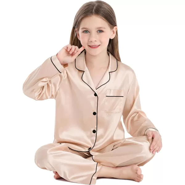 SWOMOG Kid Girls Boys Silk Satin Pajamas Set ButtonDown PJs Sets TwoPiece Lounge Sets Long Sleeve White SleepwearChampagne