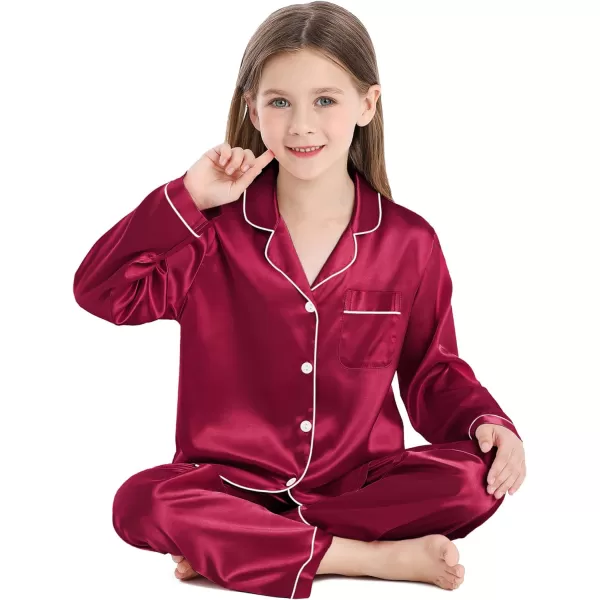 SWOMOG Kid Girls Boys Silk Satin Pajamas Set ButtonDown PJs Sets TwoPiece Lounge Sets Long Sleeve White SleepwearCrimson