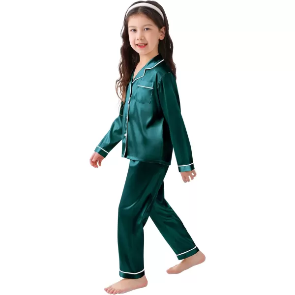 SWOMOG Kid Girls Boys Silk Satin Pajamas Set ButtonDown PJs Sets TwoPiece Lounge Sets Long Sleeve White SleepwearDark Green