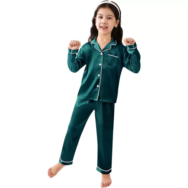 SWOMOG Kid Girls Boys Silk Satin Pajamas Set ButtonDown PJs Sets TwoPiece Lounge Sets Long Sleeve White SleepwearDark Green