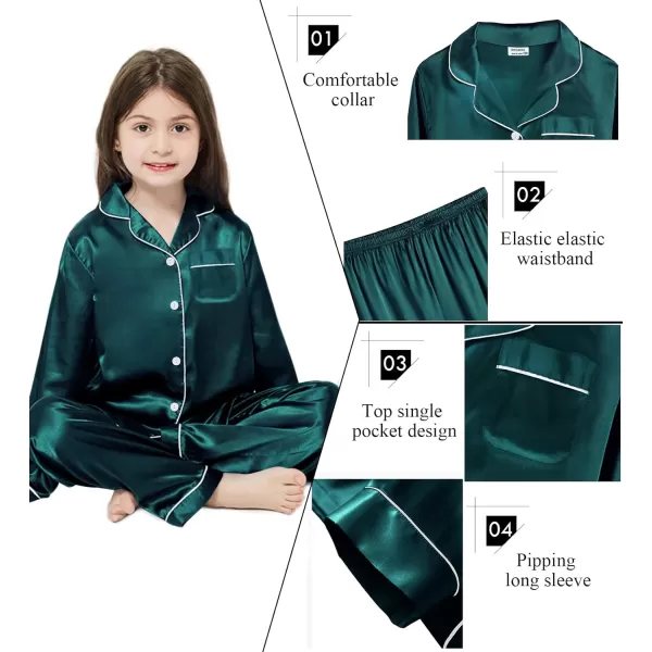 SWOMOG Kid Girls Boys Silk Satin Pajamas Set ButtonDown PJs Sets TwoPiece Lounge Sets Long Sleeve White SleepwearDark Green