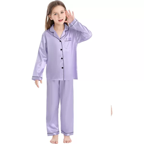 SWOMOG Kid Girls Boys Silk Satin Pajamas Set ButtonDown PJs Sets TwoPiece Lounge Sets Long Sleeve White SleepwearLavender