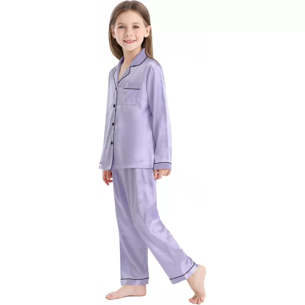 SWOMOG Kid Girls Boys Silk Satin Pajamas Set ButtonDown PJs Sets TwoPiece Lounge Sets Long Sleeve White SleepwearLavender