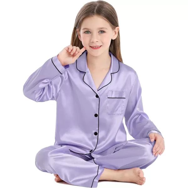 SWOMOG Kid Girls Boys Silk Satin Pajamas Set ButtonDown PJs Sets TwoPiece Lounge Sets Long Sleeve White SleepwearLavender