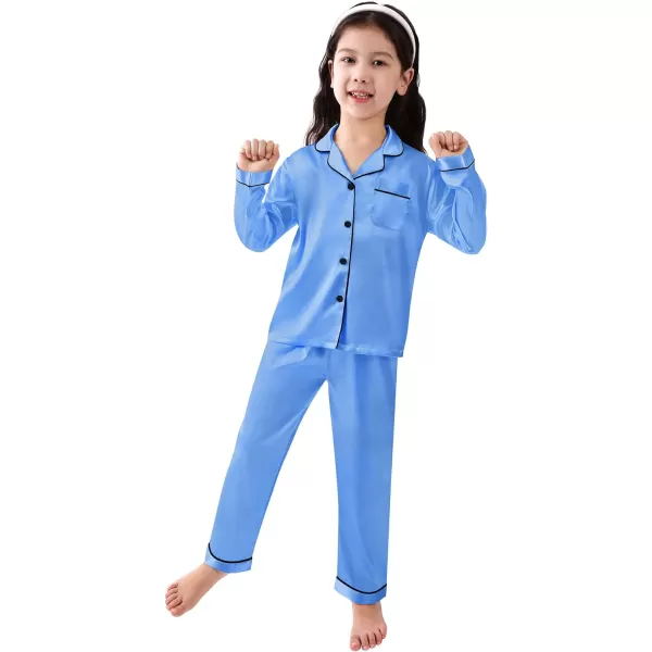 SWOMOG Kid Girls Boys Silk Satin Pajamas Set ButtonDown PJs Sets TwoPiece Lounge Sets Long Sleeve White SleepwearMarina Blue