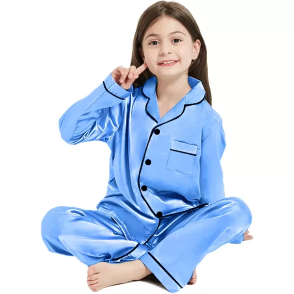 SWOMOG Kid Girls Boys Silk Satin Pajamas Set ButtonDown PJs Sets TwoPiece Lounge Sets Long Sleeve White SleepwearMarina Blue