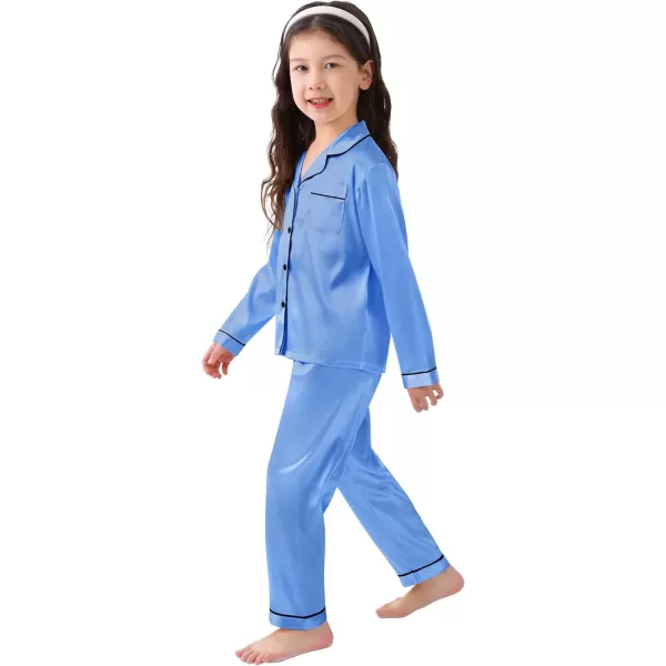 SWOMOG Kid Girls Boys Silk Satin Pajamas Set ButtonDown PJs Sets TwoPiece Lounge Sets Long Sleeve White SleepwearMarina Blue