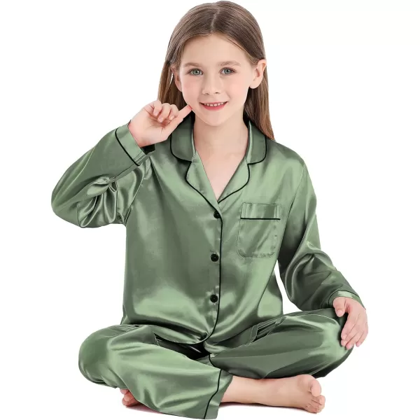 SWOMOG Kid Girls Boys Silk Satin Pajamas Set ButtonDown PJs Sets TwoPiece Lounge Sets Long Sleeve White SleepwearMatcha