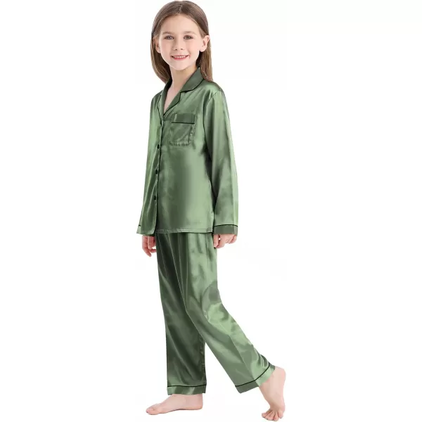 SWOMOG Kid Girls Boys Silk Satin Pajamas Set ButtonDown PJs Sets TwoPiece Lounge Sets Long Sleeve White SleepwearMatcha