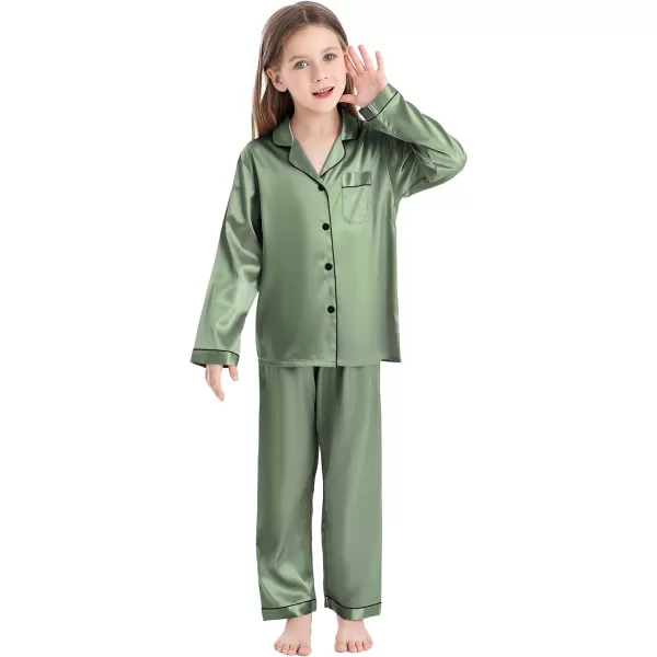 SWOMOG Kid Girls Boys Silk Satin Pajamas Set ButtonDown PJs Sets TwoPiece Lounge Sets Long Sleeve White SleepwearMatcha