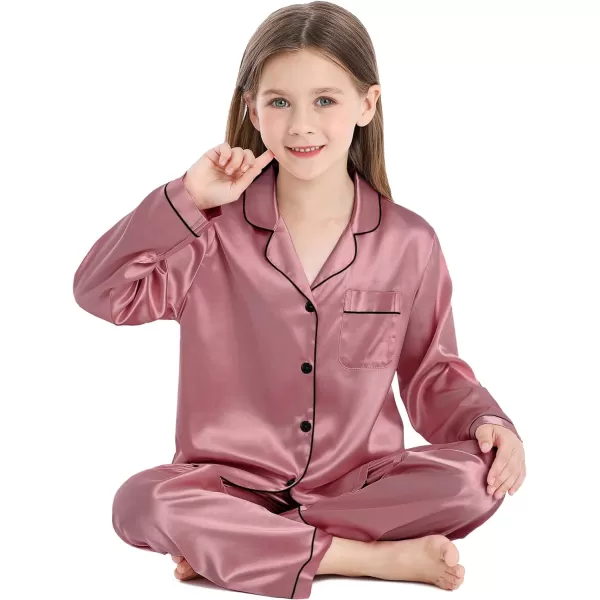 SWOMOG Kid Girls Boys Silk Satin Pajamas Set ButtonDown PJs Sets TwoPiece Lounge Sets Long Sleeve White SleepwearMistyrose