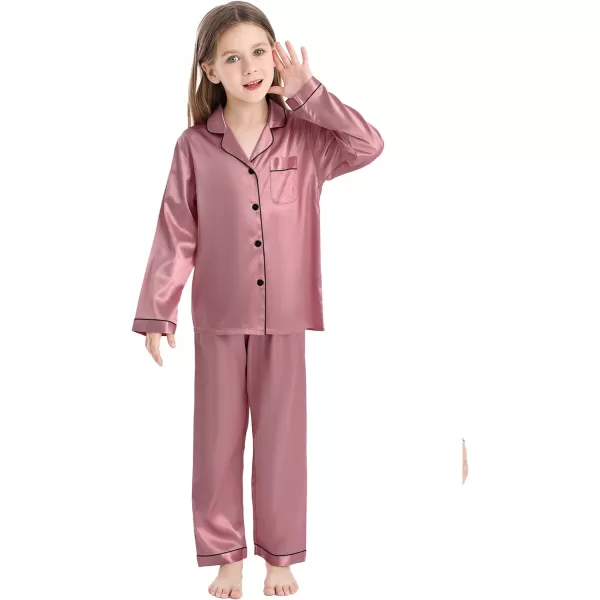 SWOMOG Kid Girls Boys Silk Satin Pajamas Set ButtonDown PJs Sets TwoPiece Lounge Sets Long Sleeve White SleepwearMistyrose