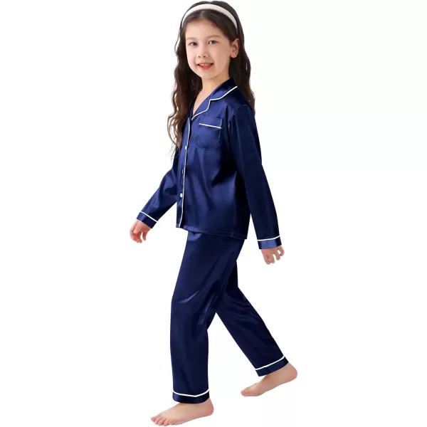 SWOMOG Kid Girls Boys Silk Satin Pajamas Set ButtonDown PJs Sets TwoPiece Lounge Sets Long Sleeve White SleepwearNavy