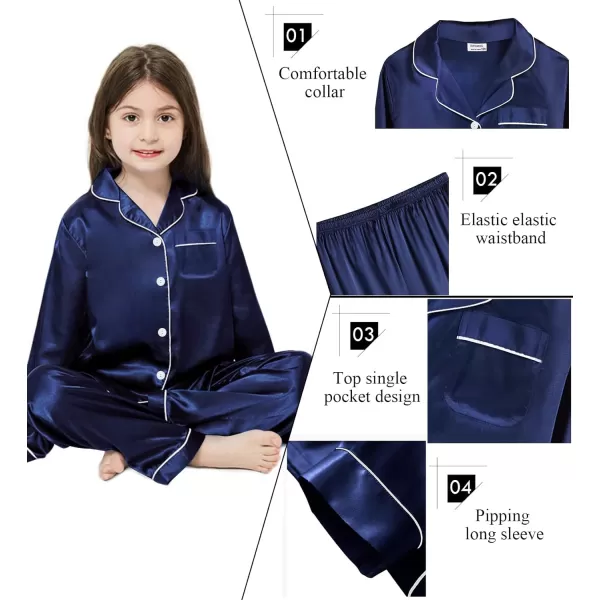 SWOMOG Kid Girls Boys Silk Satin Pajamas Set ButtonDown PJs Sets TwoPiece Lounge Sets Long Sleeve White SleepwearNavy