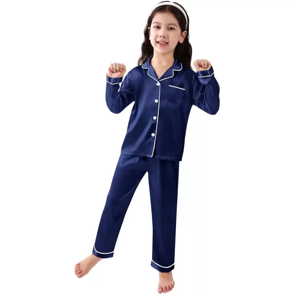 SWOMOG Kid Girls Boys Silk Satin Pajamas Set ButtonDown PJs Sets TwoPiece Lounge Sets Long Sleeve White SleepwearNavy