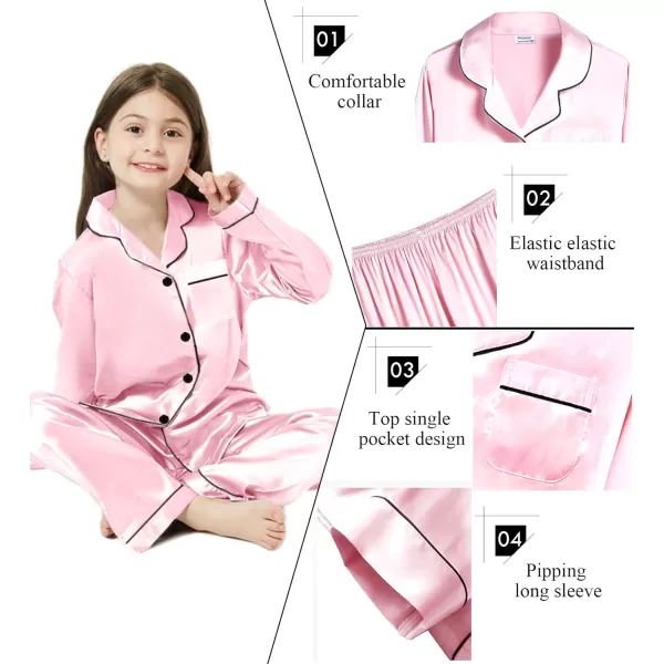 SWOMOG Kid Girls Boys Silk Satin Pajamas Set ButtonDown PJs Sets TwoPiece Lounge Sets Long Sleeve White SleepwearPink