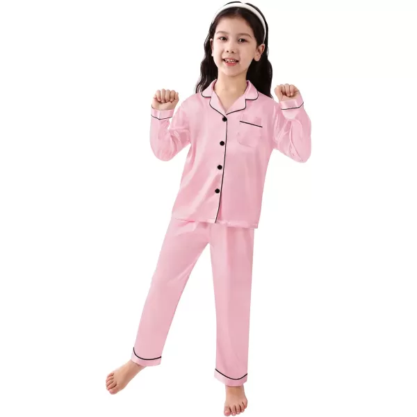 SWOMOG Kid Girls Boys Silk Satin Pajamas Set ButtonDown PJs Sets TwoPiece Lounge Sets Long Sleeve White SleepwearPink