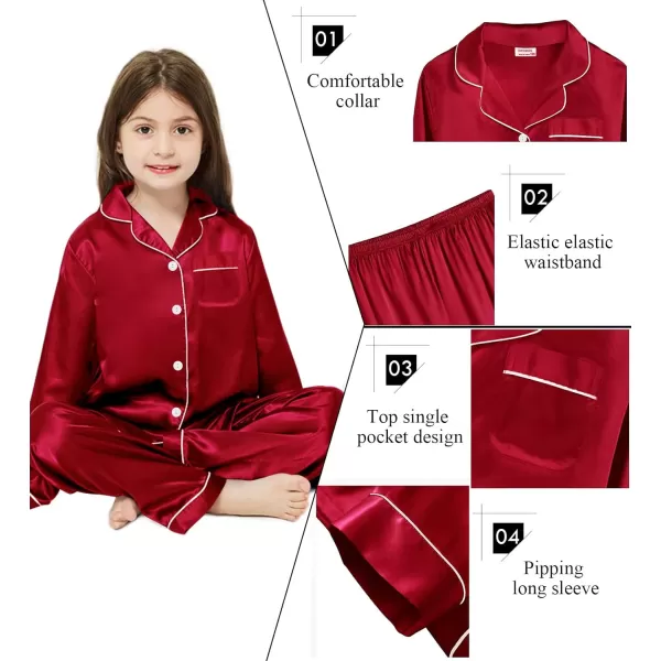 SWOMOG Kid Girls Boys Silk Satin Pajamas Set ButtonDown PJs Sets TwoPiece Lounge Sets Long Sleeve White SleepwearRed 1