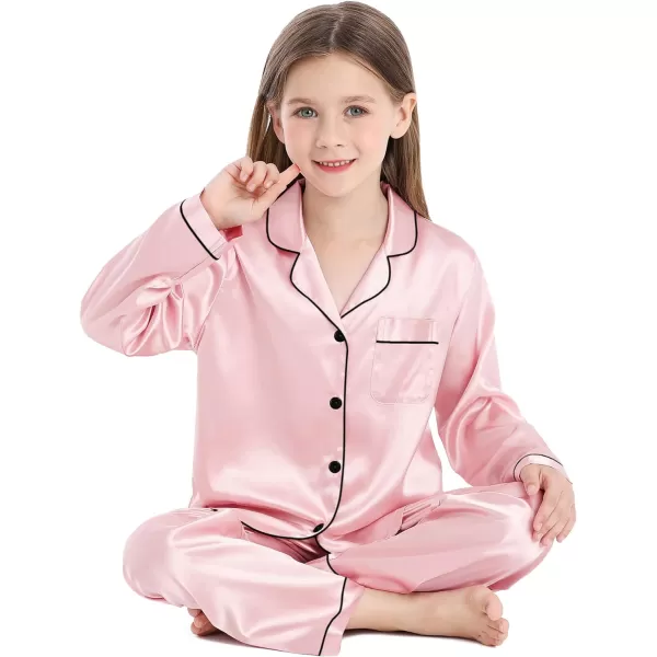 SWOMOG Kid Girls Boys Silk Satin Pajamas Set ButtonDown PJs Sets TwoPiece Lounge Sets Long Sleeve White SleepwearSakura Pink