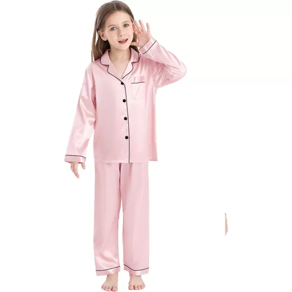 SWOMOG Kid Girls Boys Silk Satin Pajamas Set ButtonDown PJs Sets TwoPiece Lounge Sets Long Sleeve White SleepwearSakura Pink