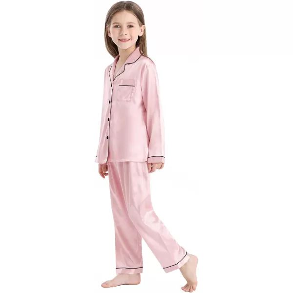 SWOMOG Kid Girls Boys Silk Satin Pajamas Set ButtonDown PJs Sets TwoPiece Lounge Sets Long Sleeve White SleepwearSakura Pink