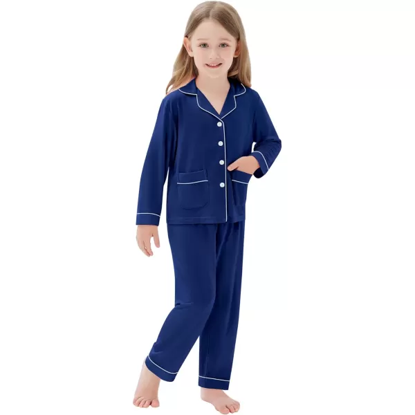 SWOMOG Kid Long Sleeve Pjs Set Girls Boys Modal Sleepwear ButtonDown Lounge Set4T13TNavy Blue