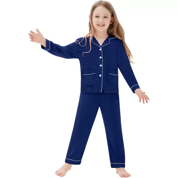 SWOMOG Kid Long Sleeve Pjs Set Girls Boys Modal Sleepwear ButtonDown Lounge Set4T13TNavy Blue