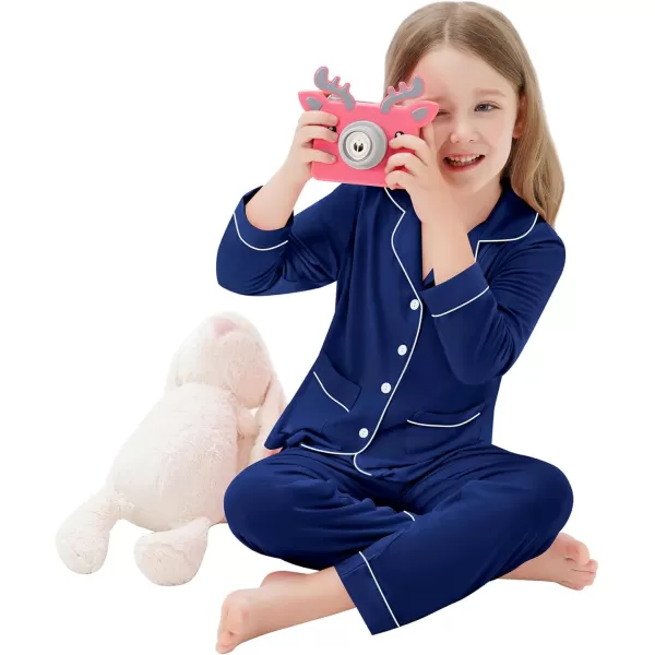 SWOMOG Kid Long Sleeve Pjs Set Girls Boys Modal Sleepwear ButtonDown Lounge Set4T13TNavy Blue