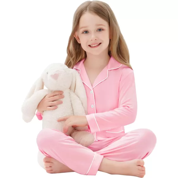 SWOMOG Kid Long Sleeve Pjs Set Girls Boys Modal Sleepwear ButtonDown Lounge Set4T13TPink